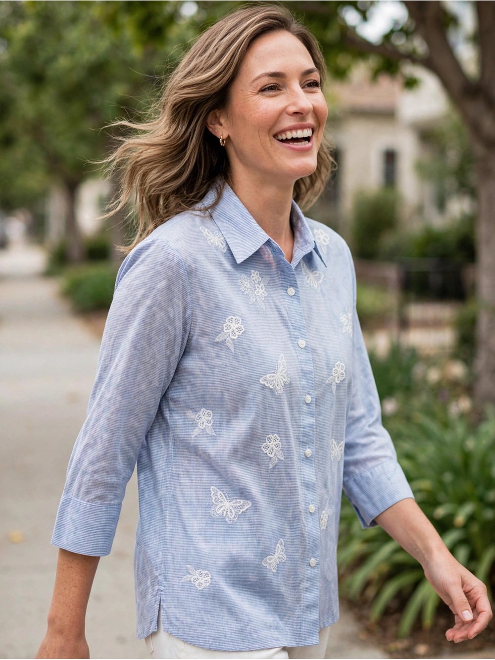 Alfred Dunner Classic Puff Print Pinstripe Embroidered Button Down Top.